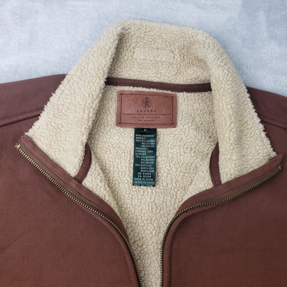 Lauren Ralph Lauren Women L Brown Faux Suede Sherpa Lined Zip Up Jacket Coat - Picture 11 of 14
